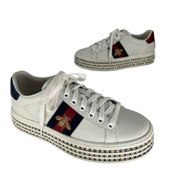 Gucci Ace Web Platform Crystal Embellished Leather Sneakers - Picture 1 of 16